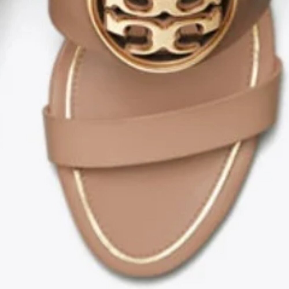 Tory Burch Neutral Blush Leather Wedge Sandals with Gold Logo - Picture 7 of 13